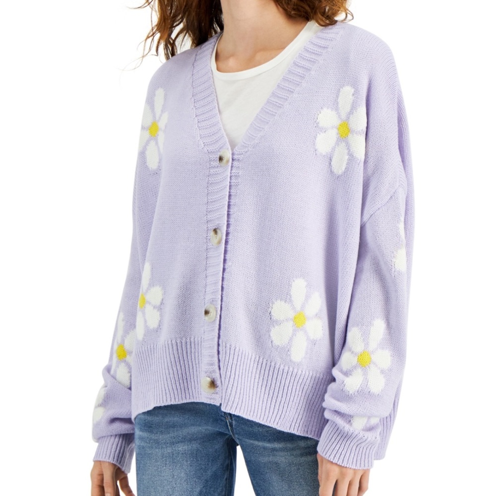 Just Polly 4 Button Closure Flower Daisy Purple Cardigan Size L